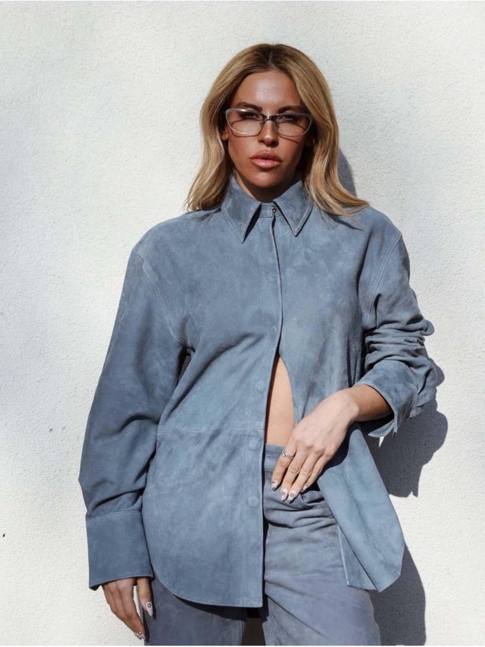 NWT H&M STUDIO COLLECTION SPRING 2026, DUSTY BLUE SUEDE SHIRT SIZE S, MSRP $419